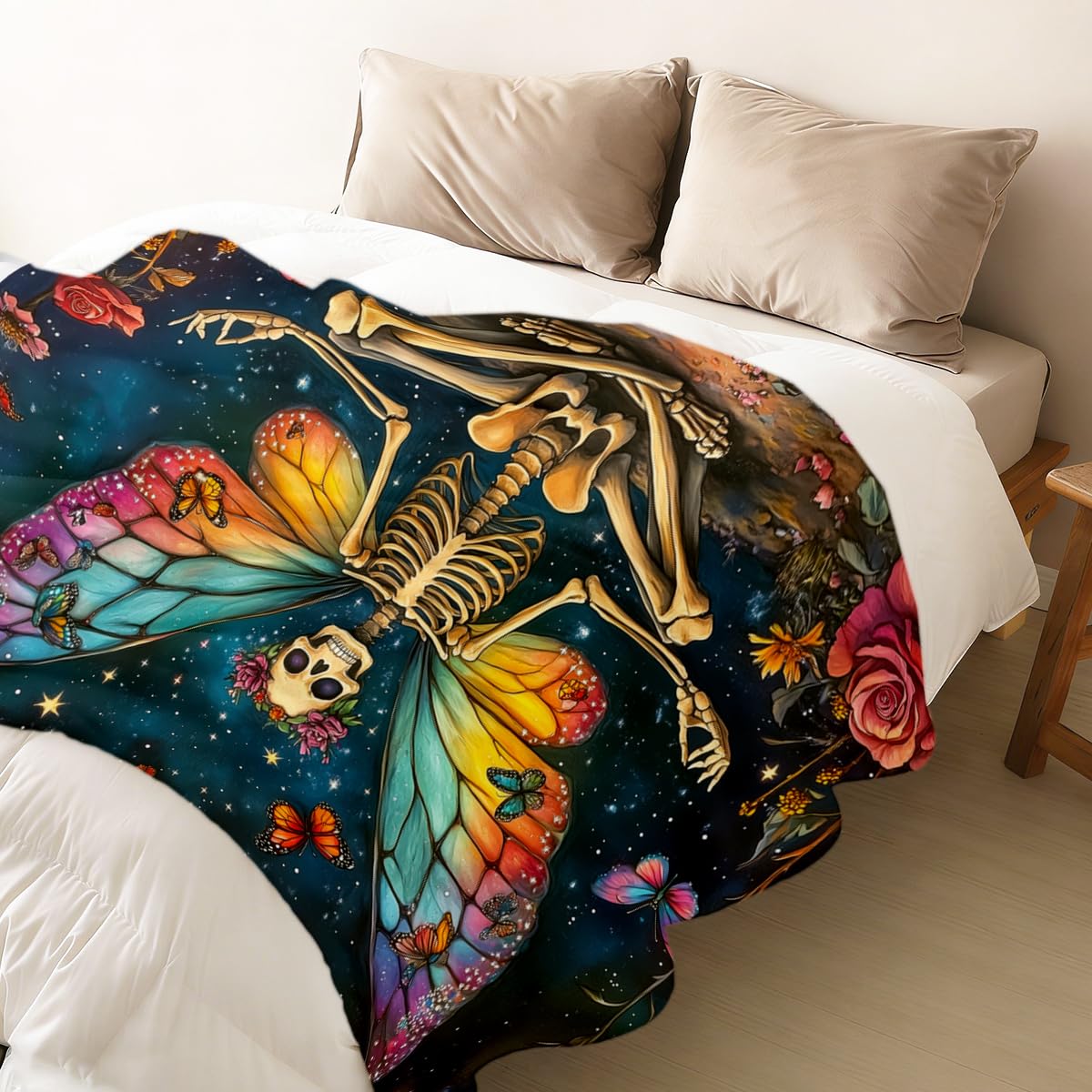 HUNXIAOJ Skeleton Butterfly Floral Blanket Throw Gothic Skull Blanket Soft Flannel Skeleton Bedding Whimsical Decor for Couch Bed Living Room Home Halloween Yoga Meditation Gifts 49"x59"