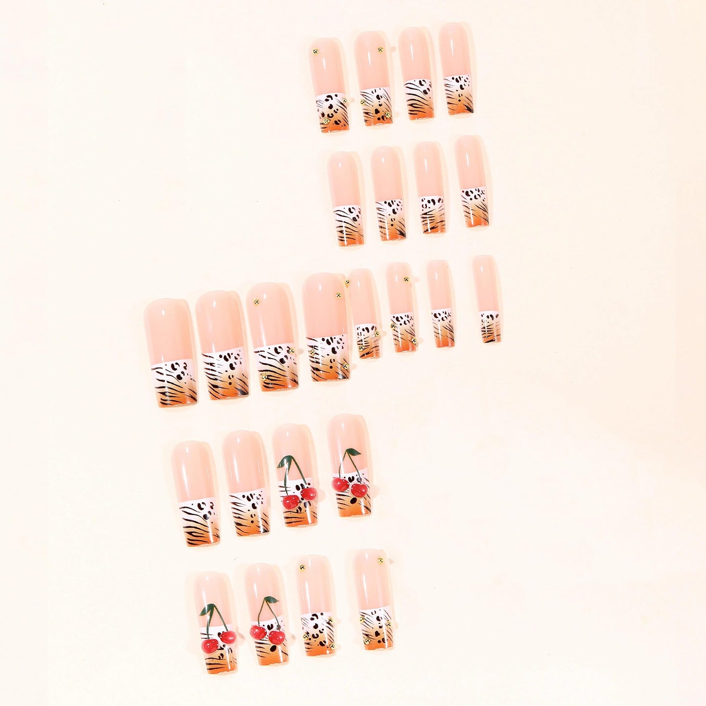MERVF Press on Nails Long Square, White French Tip Fake Nails Leopard Print 3D Cherry Design Glue ons Orange Ombre Acrylic Nail Glossy 24pcs