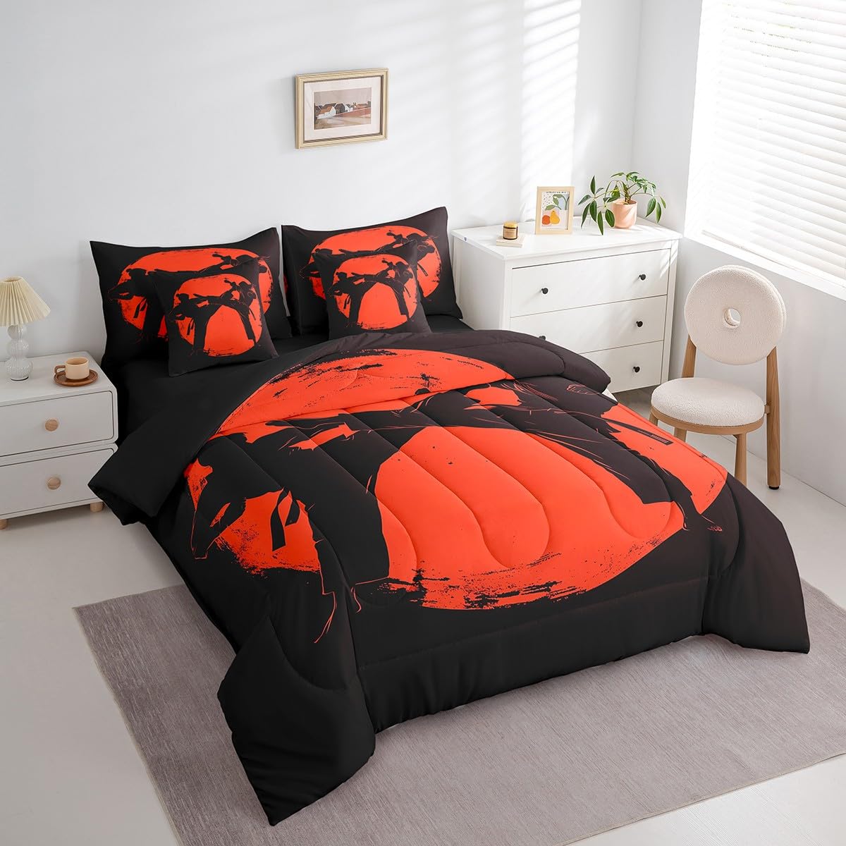 Feelyou Kids Taekwondo Comforter Set Full Size 7 Pieces Boys Girls Kungfu Bedding Set Martial Art Japanese Sports Japanese Style Bed in a Bag with Comforter, Sheets, Pillowcases & Cushion Cover