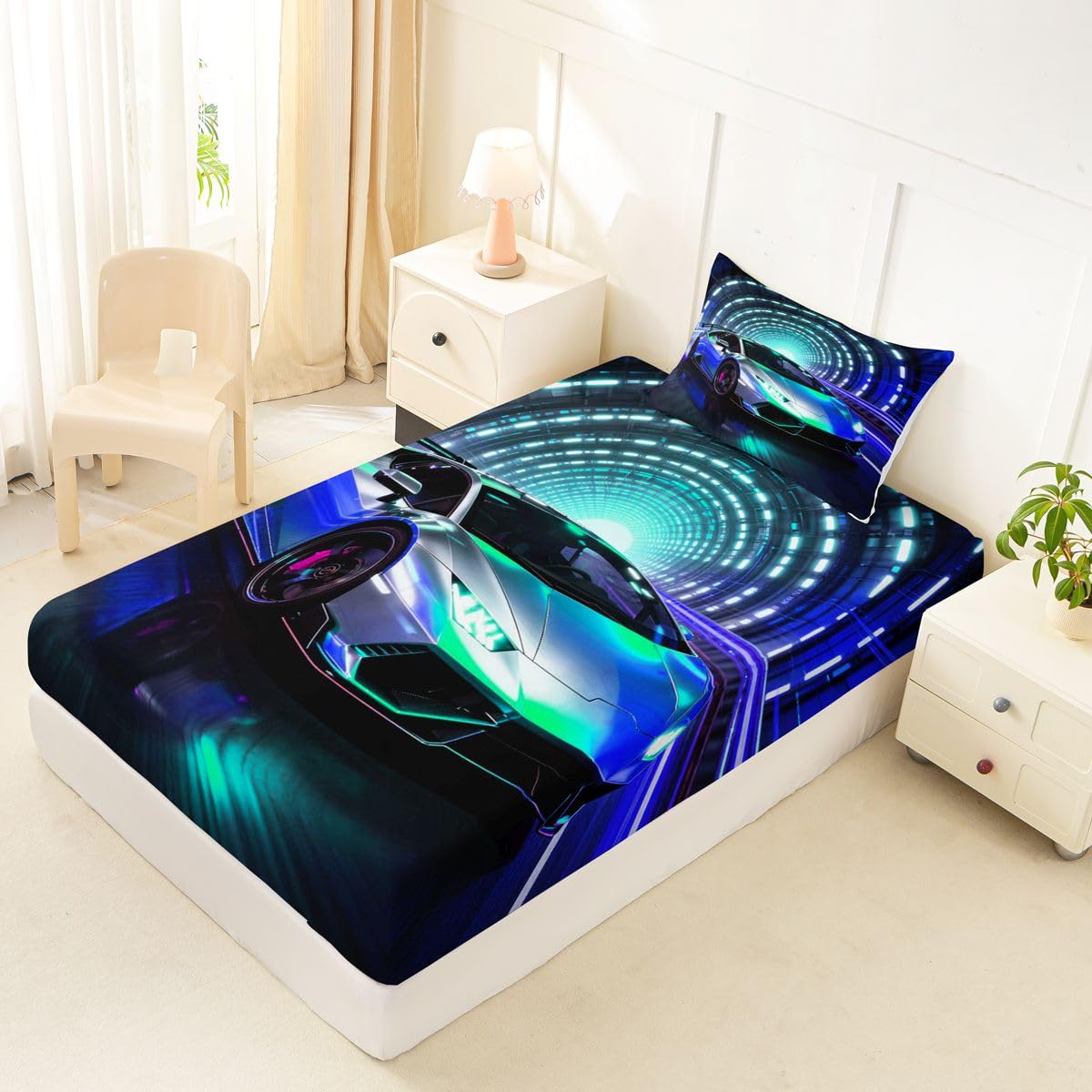 Feelyou Boys Sports Car Fitted Sheet Twin Size for Kids Boys Girls Speed Sports Bed Sheets Set 16" Deep Pocket Soft Breathable Microfiber Blue Racing Car Bedding with 1 Pillowcase Room Decor