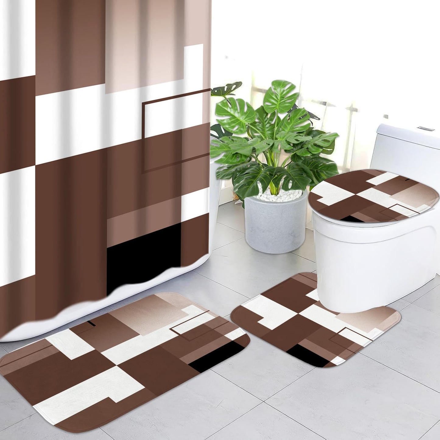 KINUUIS 4 Pcs Brown Geometric Bathroom Shower Curtain Sets with with Toilet Lid Cover and Non-Slip Rugs,Brown Bathroom Decor Sets with Shower Curtain and Rugs for Bathroom