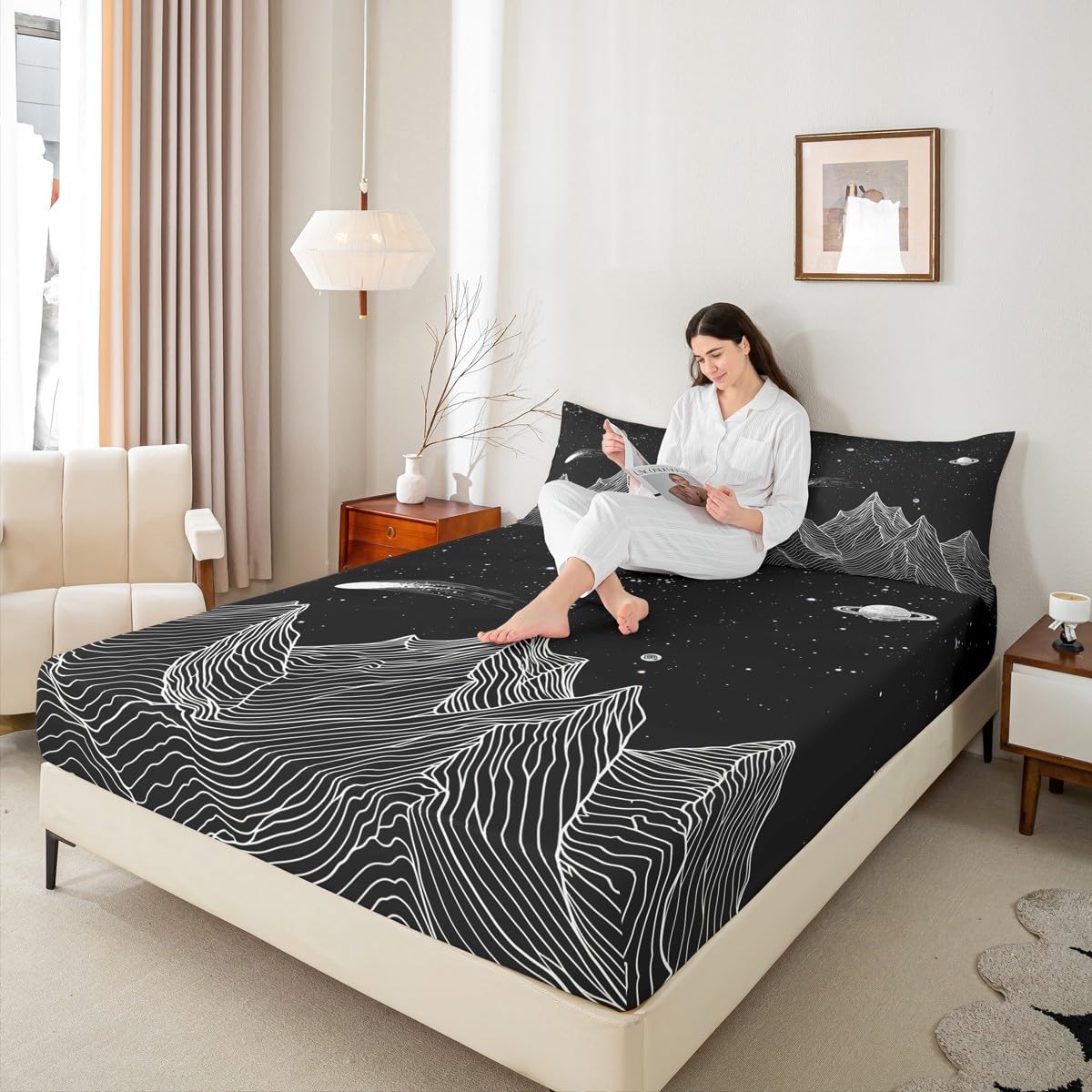 Homewish Mountain Fitted Sheet,Full Size Starry Sky Collections Boho Galaxy Theme,Soft Decorative Fabric Bedding Deep Pocket for Children Teens Young Boys Girls,with 2 Pillowcases
