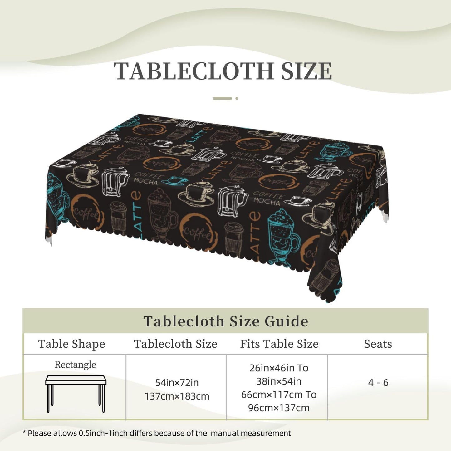 DRAVVIX Doodle Coffee Pattern Rectangular Tablecloth Latte Coffee Table Cloth with Wavy Lace Decoration Polyester Table Cover for Dining, Parties 54x72 inch