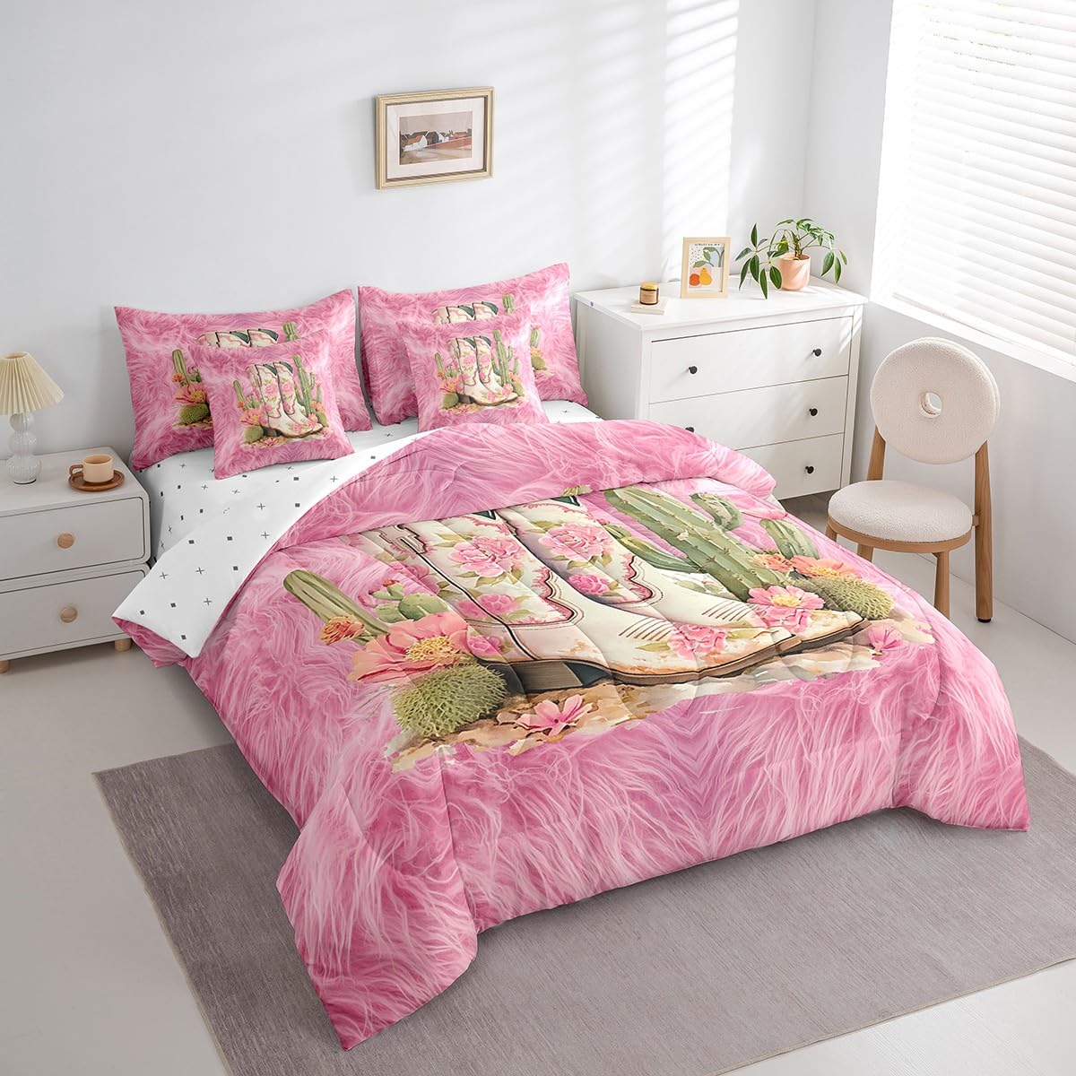 Feelyou Cowgirl Boots Comforter Set 7 Pieces Twin Size Kids, Western Pink Cow Fur Print Bedding Set Boys Girls, Floral Bed in a Bag,Comforter + Sheets + Pillowcases + Cushion Covers（No Real Fur）