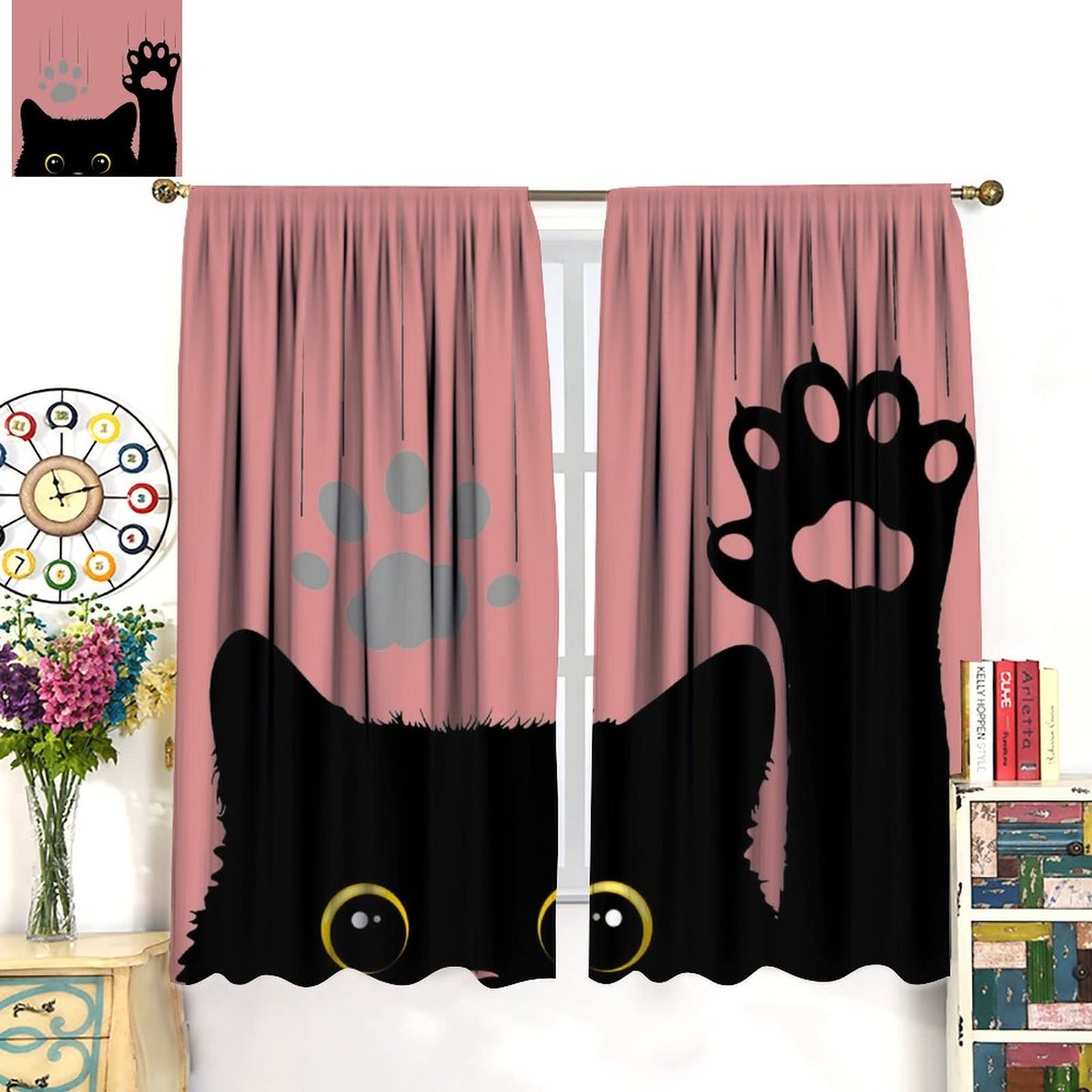 Cute Cat Blackout Curtains Lovely Cartoon Animal Cat Paw Print Black Pink Art Print for Kids Girls Bedroom Living Room Kitchen Decor Rod Pocket Window Drapes 2 Panels 42x45in