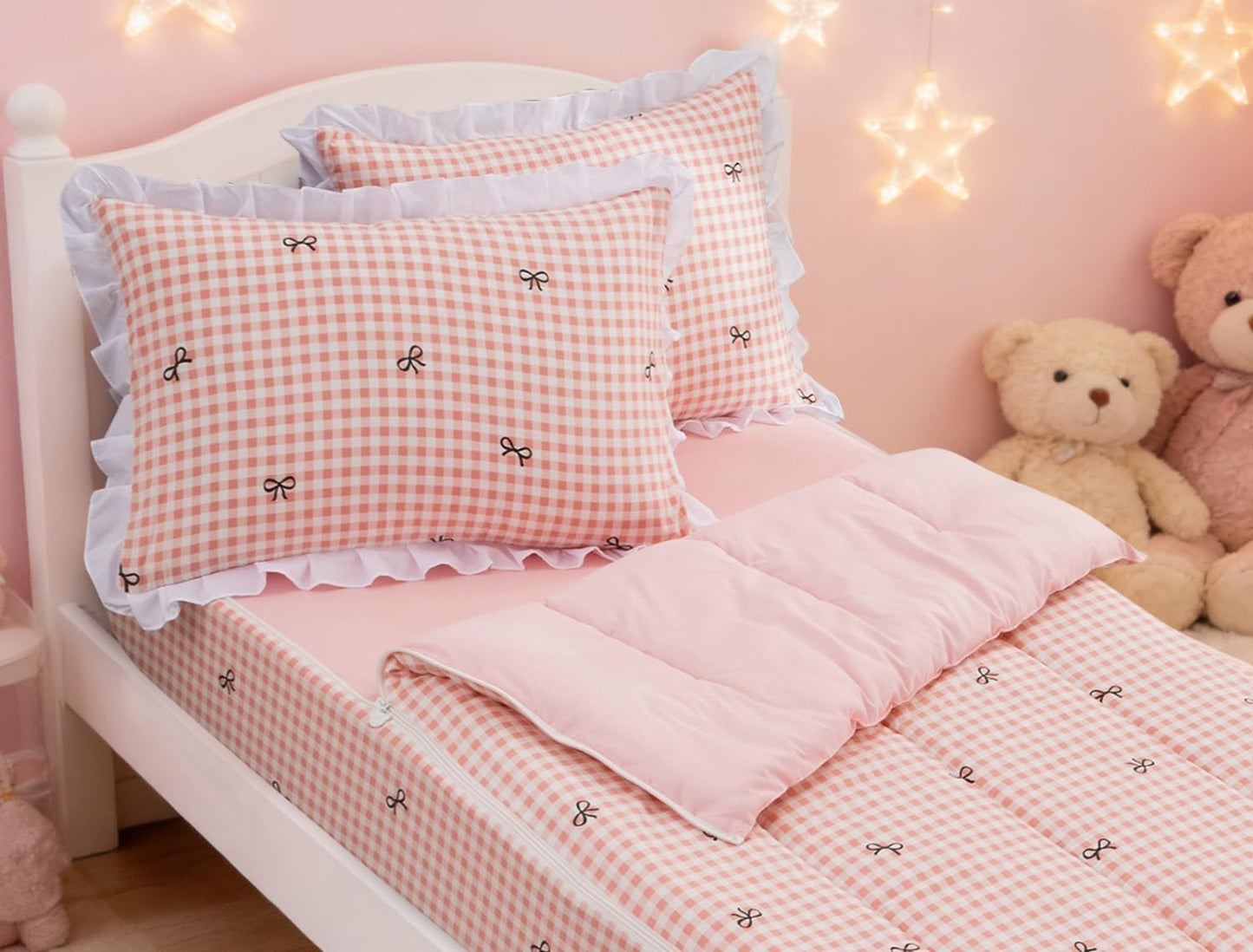 Meeting Story Zipper Bedding Twin Bow Zip Up Bedding Set for Girls and Kids, Pink 3 Pcs Comforter Bed in a Bag with Fitted Sheet and 2 Pcs Pillowcases(Lightpink,Twin)