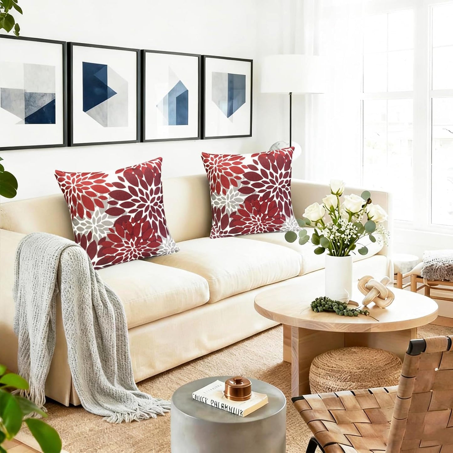 RYSMIYOU Decorative Throw Pillow Covers Set of 2 Wine Red Pillow Covers 18x18 Inch Couch Pillow Covers for Sofa Living Room Outdoor Throw Pillow Cover Linen Square Floral Flower Farmhouse Pillowcase