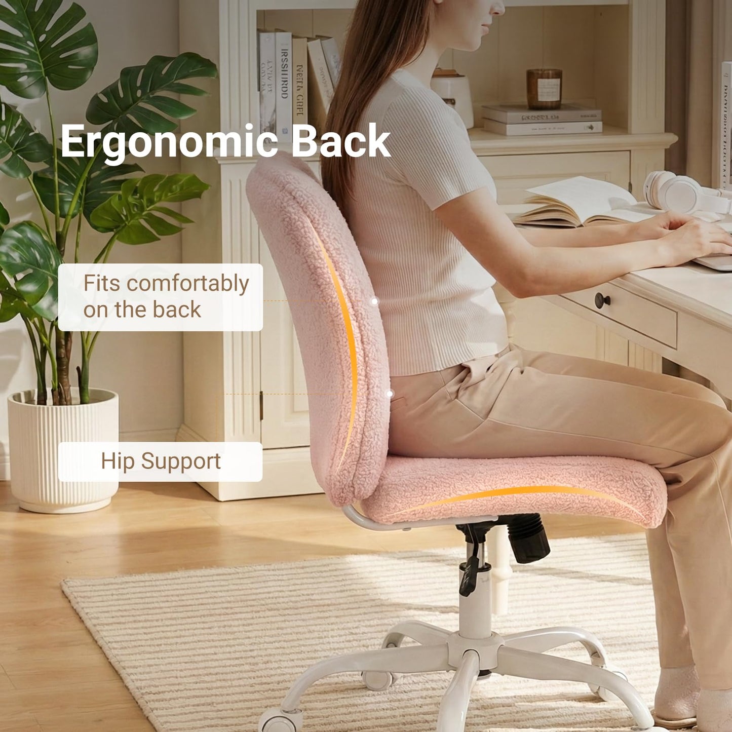 KRAMZMING Vanity Chair with Wheels, Armless Office Chair Height Adjustable, Cute Desk Chair with Soft Lumbar Support for Small Space, Bedroom, Make-up Room, Pink