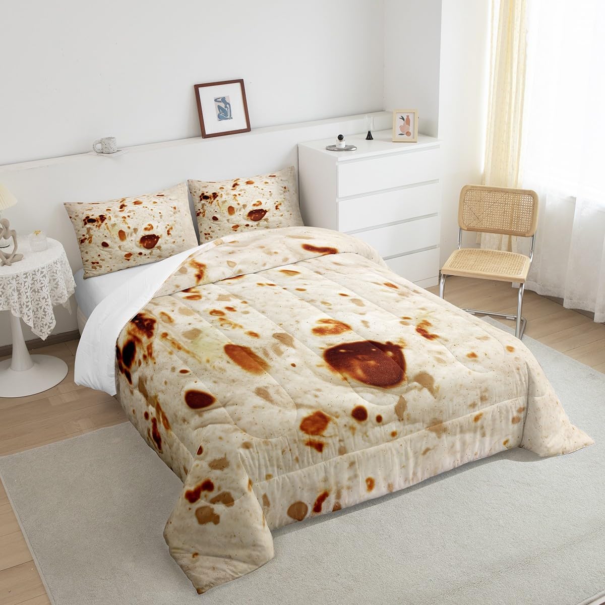 Feelyou Burritos Tortilla Bedding Set for Adult and Kids Ultra Soft Giant Funny Realistic Food Comforter Set Set Breathable Novelty Soft Flannel Taco Comforter Twin Size Quilted