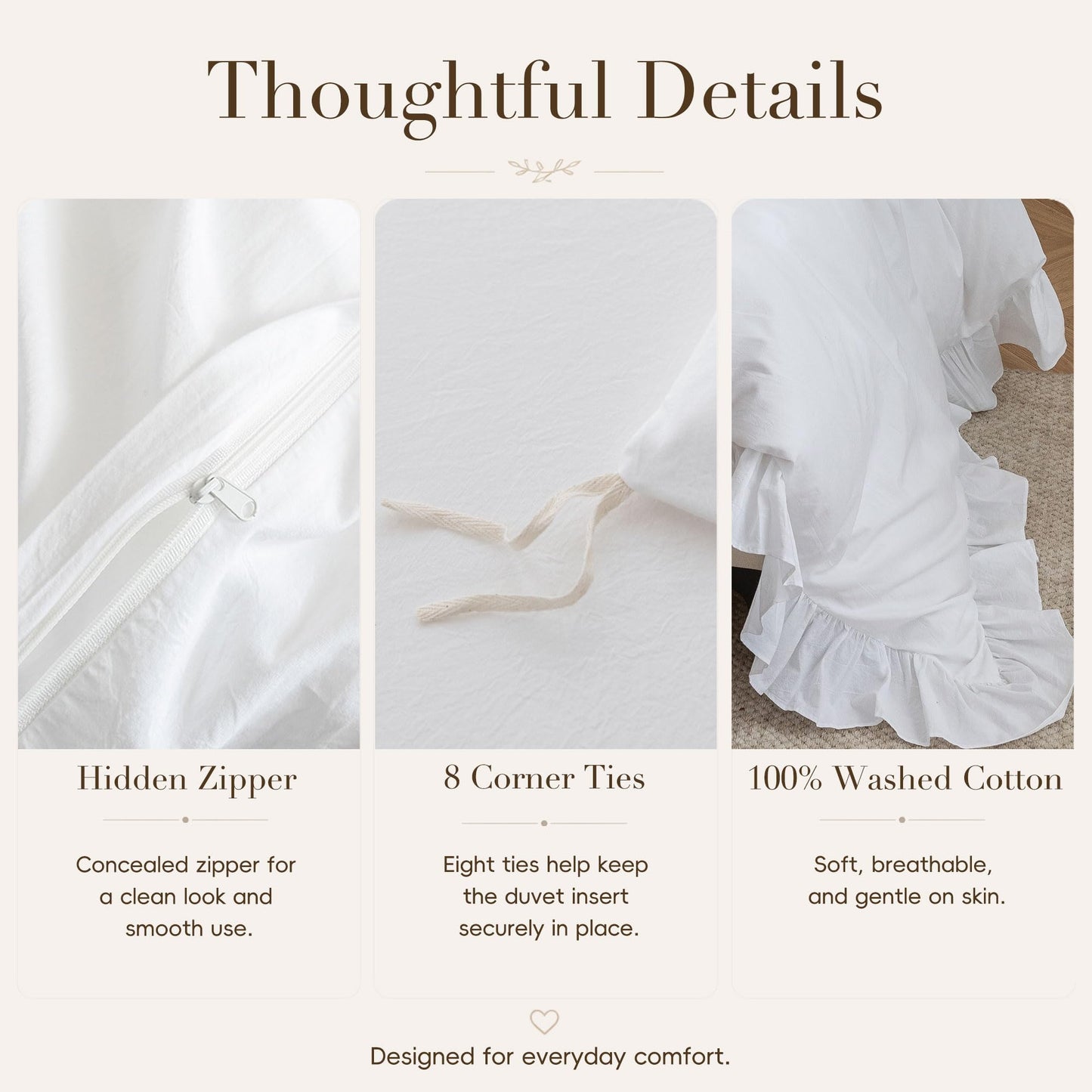 Ruffle Duvet Cover Queen Size: 100% Washed Cotton Linen Like Textured Soft