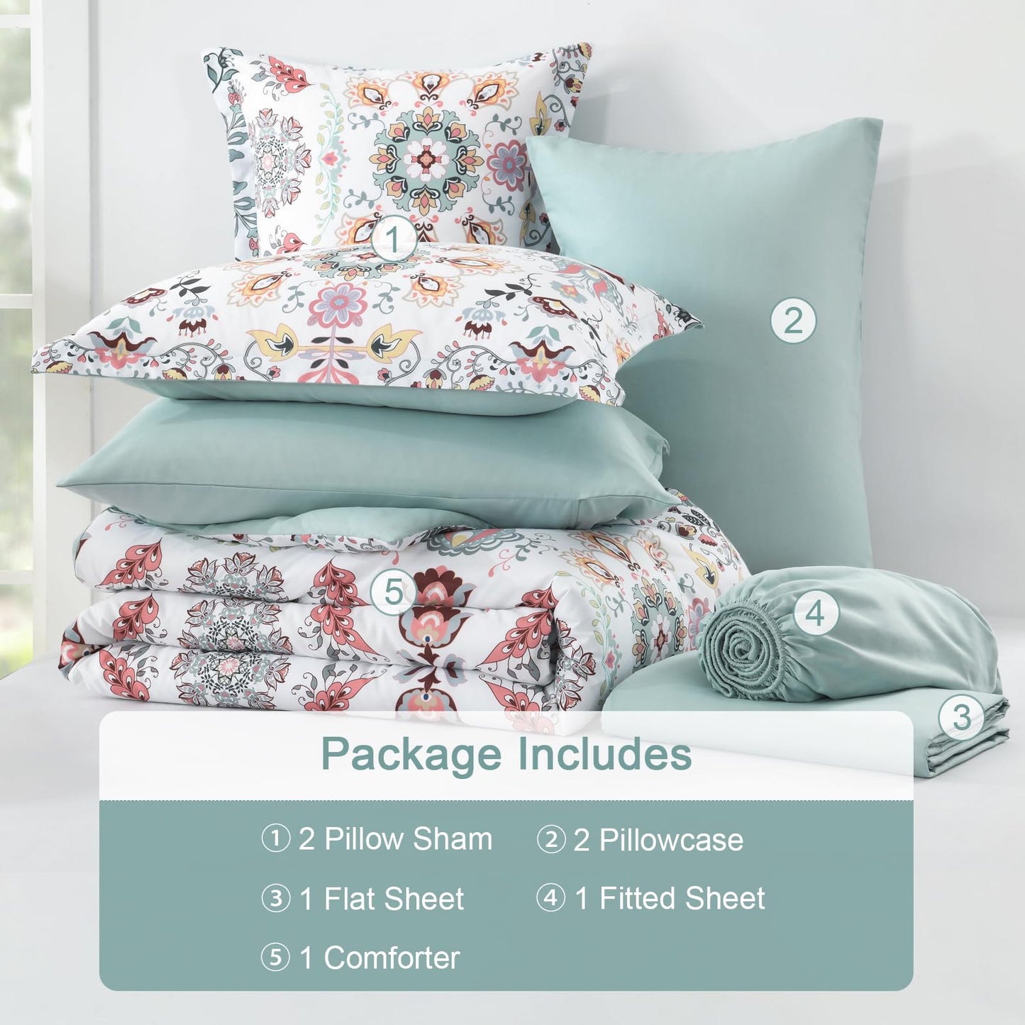 Boho Comforter Set Queen - 7 Pieces Bed in a Bag Floral Design, Bohemian Comforter Set with Sheets, Soft Microfiber Complete Bedding Sets All Season (Light Green, Queen)