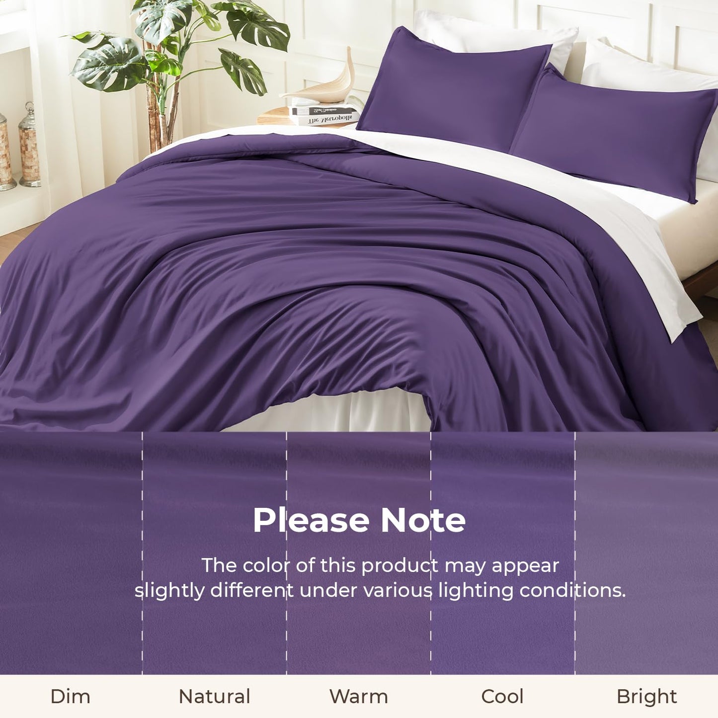 Litanika Dark Violet Purple Comforter Set King Size, 3 Pieces Lightweight Solid Bedding Comforter Set, All Season Fluffy Bed Set (104x90In Comforter & 2 Pillowcases)