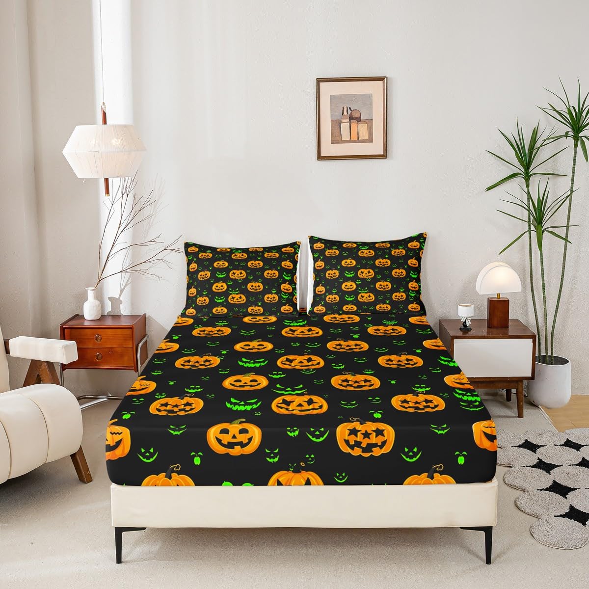 Halloween Bed Sheet Set 3pcs Twin Size, Yellow Pumpkin Lantern and Green Gothic Face Print Fitted Sheet + 1 Flat Sheet + 1 Pillowcase, Holiday Theme Bedding Set for Kids Boys Girls Bedroom