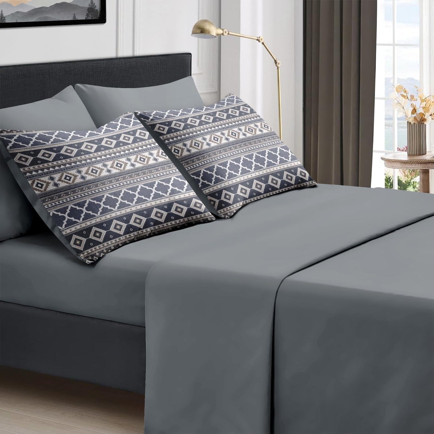 Boewywh Comforter Set Twin Size Boho Aztec Geometric 7 Pcs, Bedding for Kids and Adults, Southwestern Grey Bed Sheet Sets with Fitted Sheet 2 Pillowcases & 2 Shams for Bedroom Bed Decor
