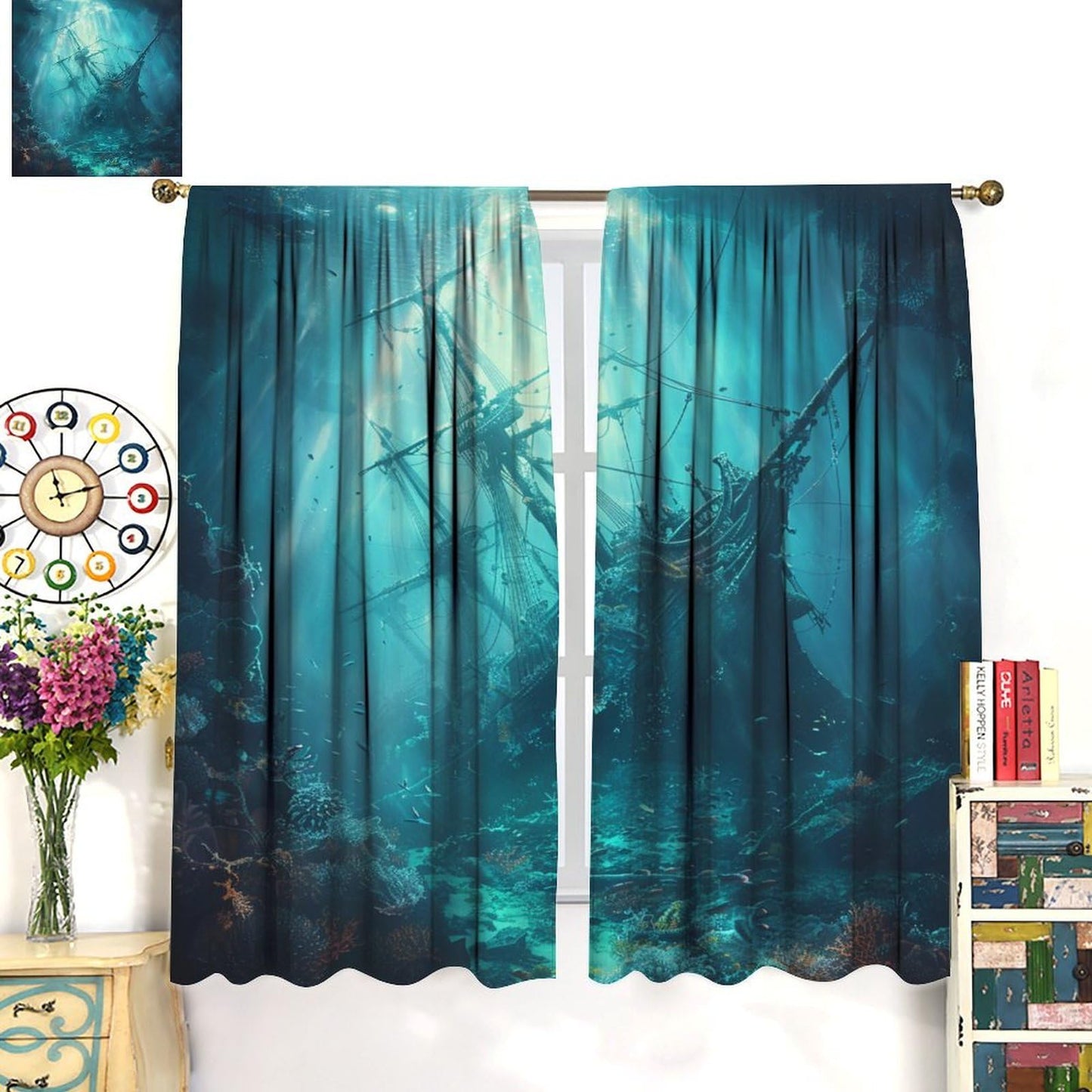 TOWINSFB Ancient Pirate Ship Blackout Curtains, Fish Shoal Mysterious Undersea World Coral Home Decor Rod Pocket Window Drapes for Living Room Bedroom - 42" W x 63" L