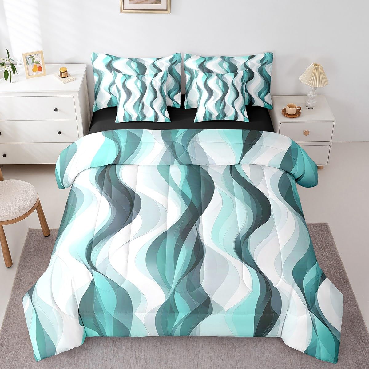 Erosebridal 7Pcs Teal Geometric Lines Queen Comforter Set,Turquoise Striped Bed in A Bag for Minimalist Women Men Adults,Modern Aesthetics Art Quilt,Contemporary Gradient Ombre Lines Quilt