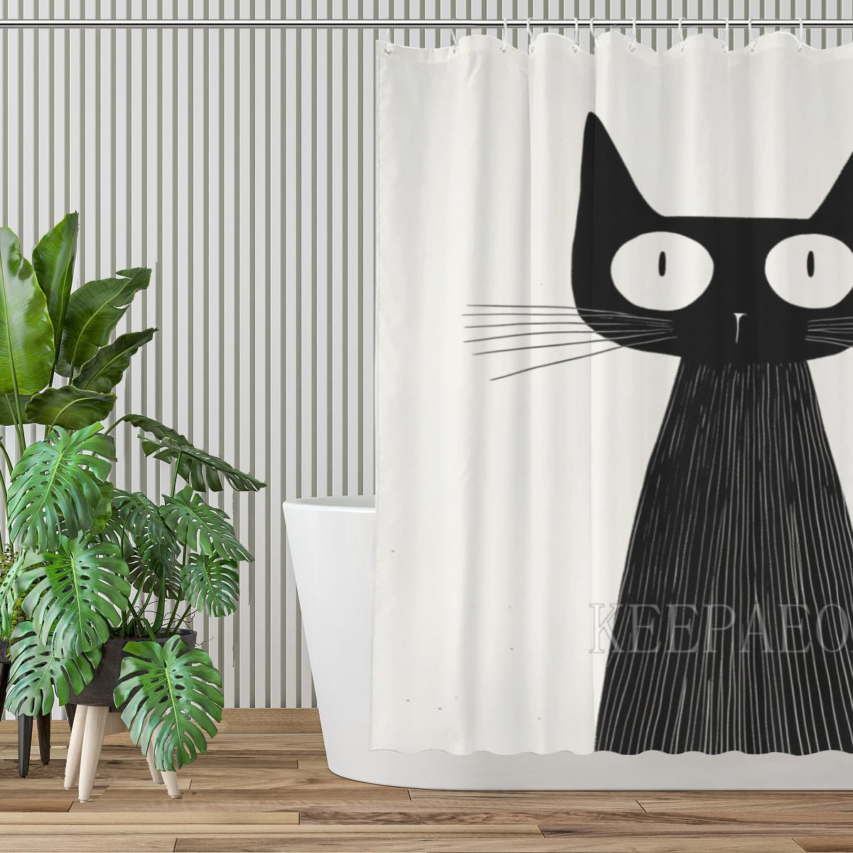 KEEPAEON Black Cat Shower Curtains Stick Figure Shower Curtain Set Waterproof Shower Curtains for Bathroom, with 12 Hooks, 70x70 Inch