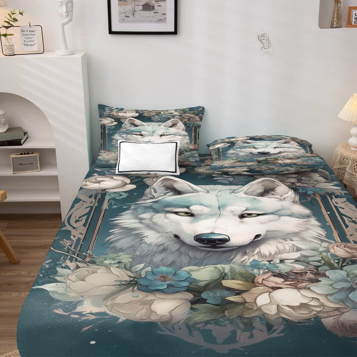 zcwl Queen Sheets Set, Wolf Bed Sheets - Microfiber Bedding Sheets & Pillowcases 4 Piece, Flower Animal Patterned Sheet Set, 16 Inch Deep Pocket Fitted Sheet, Silky Soft Wrinkle Free