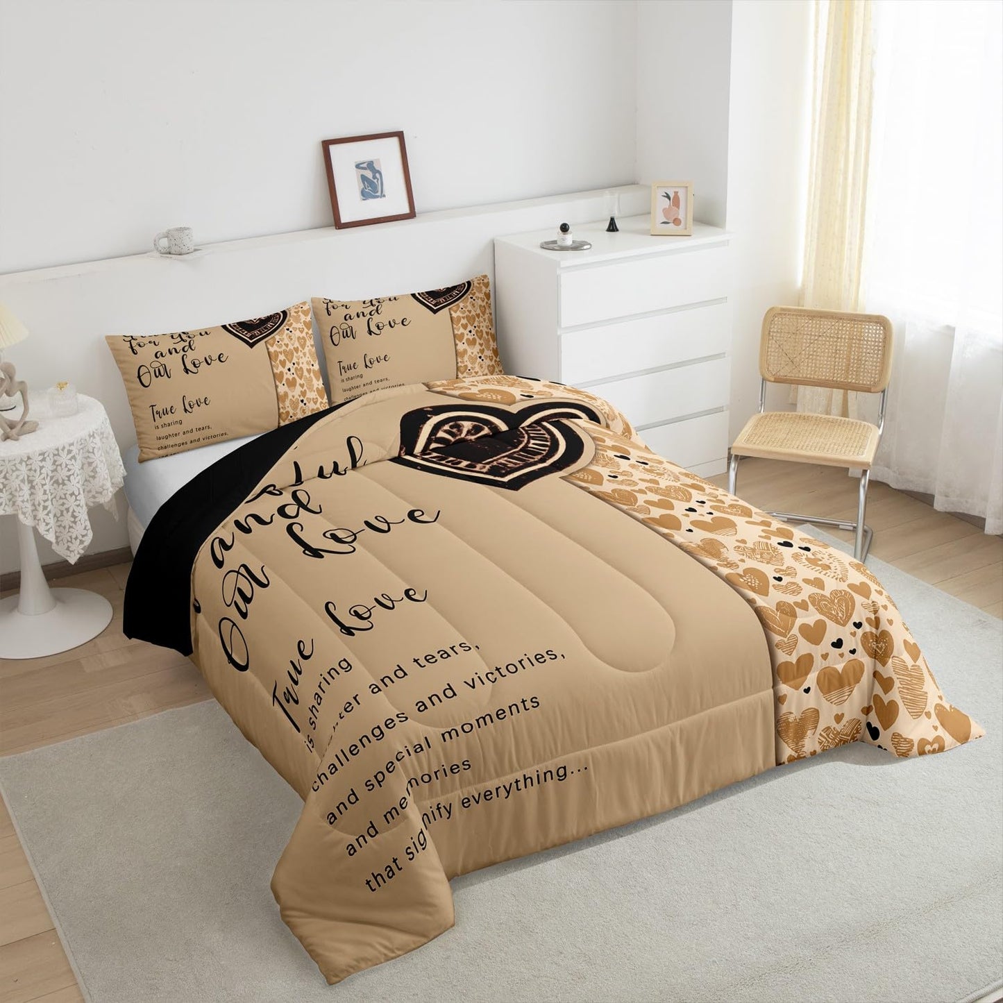 Erosebridal Romantic Motto Bedding Queen,Love Hearts Comforter Set for Lovers Couple,Valentine Gifts Down Comforter,True Love Bedding Comforter Sets for Wedding Engagement