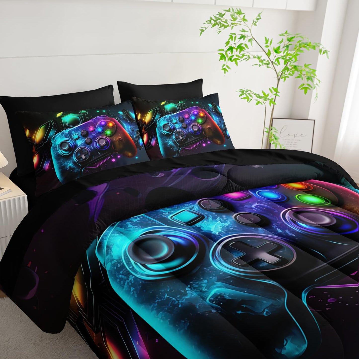 Tuzaovy Gamer Comforter Set 7 Piece Twin Size Bed in A Bag,Game Bedding for Room Decor,Soft Gaming Comforter Video Game Bedding with Fitted Sheet,Flat Sheet, Pillowcases & Shams