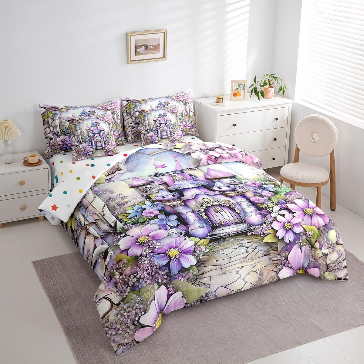 Feelyou Boys Girls Princess Bed in A Bag Queen Size, Dreamy Castle 7 Pieces Bedding Set Romantic Comforter Set with Sheets Kids Floral Flower Teens Bed Set Bedroom Decor 7Pcs