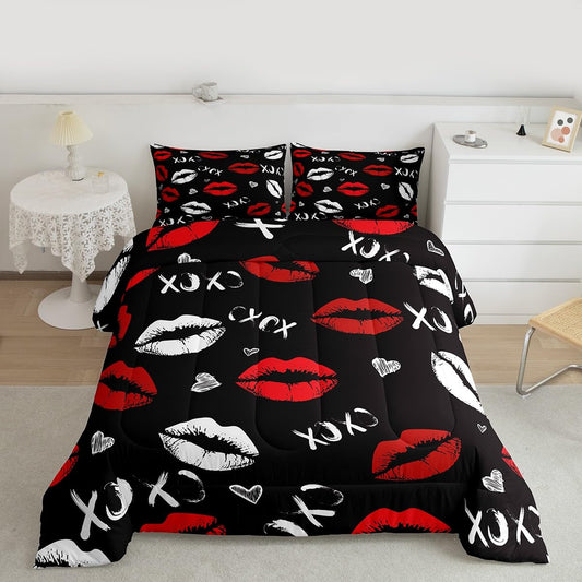 Feelyou Kiss Comforter Set Queen Size Soft Feminine Red Lips Bedding Set with Pillow Case Decor Girls Women Sexy Mouth Comforter for All Season Boys