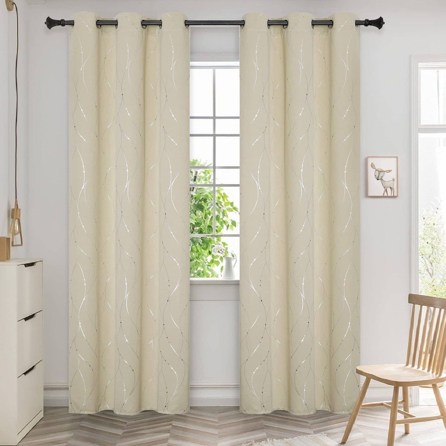 BUHUA Beige Curtains for Bedroom 84 Inch Length Silver Foil Print Light Blocking Curtains, Thermal Insulated Drapes, 38 x 84 Inch, Beige, 2 Panels
