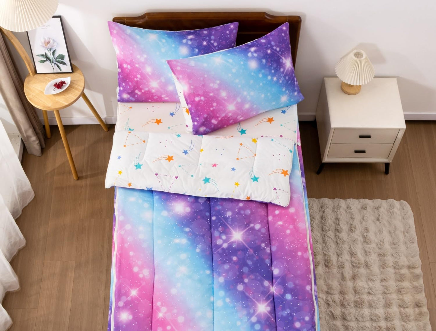 Meeting Story 3pcs Kids Comforter Set Zip up Bedding Set for Girls,Twin Kid Bedding Set Gradient Comforter Set for Kid,All in one Zipper Bedding（BluePurple,Twin）