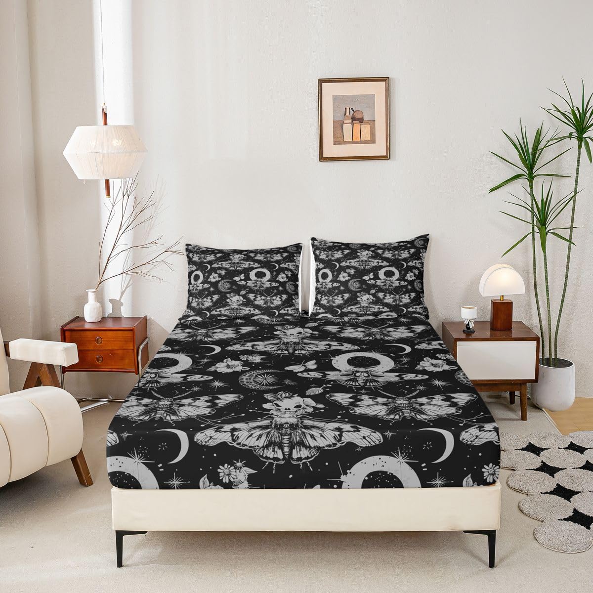 Feelyou Death Moth Bed Sheets Set Full Size Halloween Themed Bed Set for Kids Boys Girls Boho Moth Deep Pocket Fitted Sheet Gothic Breathable Soft Lightweight Microfiber Black and Gold