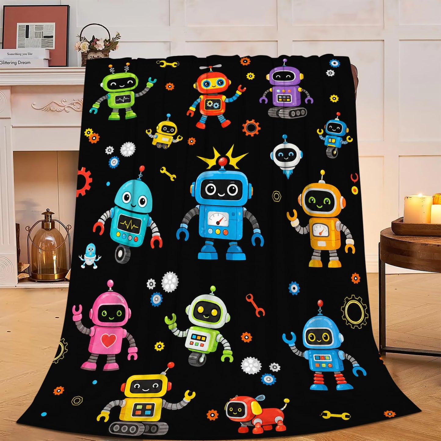 Robot Blanket Soft Fuzzy Fleece Cartoon Robots Machine Throw Blankets Decor Cozy Warm Plush Flannel Blanket Gifts for Toddler Boys Girls Kids Teens Adults Home Decor Stuff Sofa Couch Bed 50"X40"