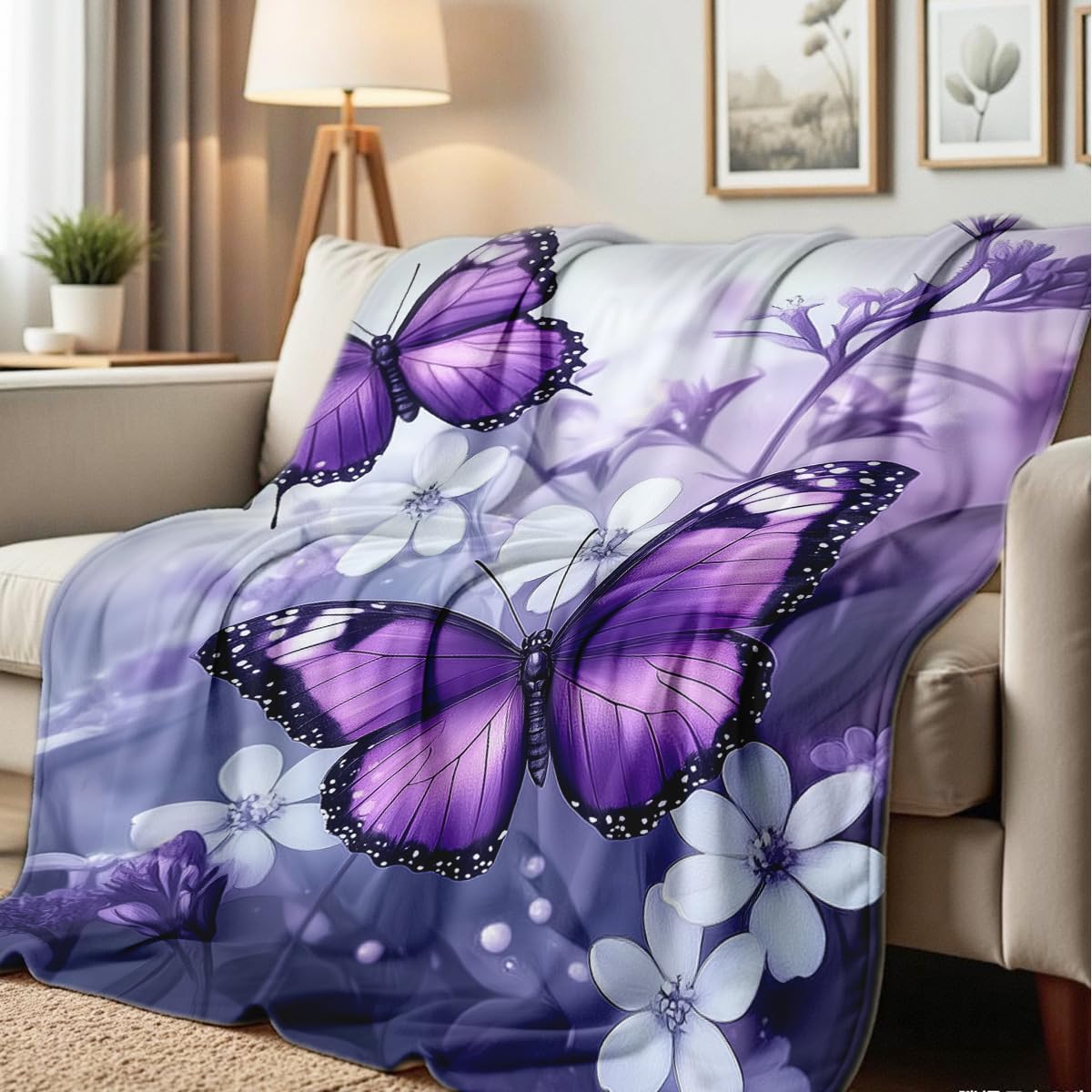 HUNXIAOJ Printed Bed Blanket Purple Butterfly Throws Soft Flannel Blanket Butterfly Gifts for Adults Kids Couch Butterflies Decor for Sofa Bed Office (49"x59")