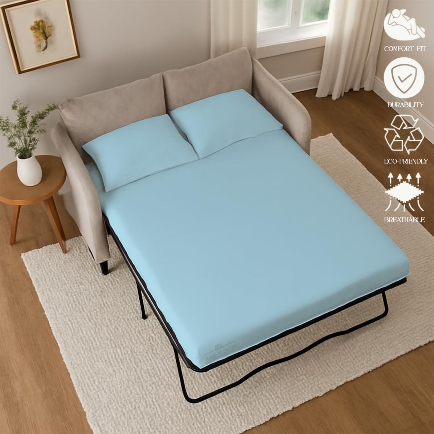 Sleeper Sofa Bed Sheet, 100% Cotton 400 Thread Count, 4 Piece Set, Deep Pocket Fitted Sheet, Soft Wrinkle Free & Breathable, Luxury Hotel Quality, Fits Up to 6 Inch Mattress (Full, Light Blue)