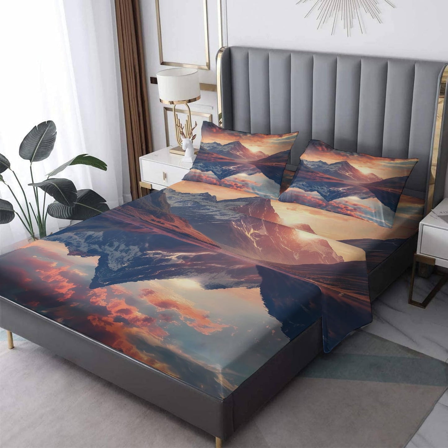 NOGAWA Sunset Mountain Sheets King, Nature Landscape Bed Sheets, Deep Pocket & Soft Microfiber Bedding Sheets & Pillowcases 4 Piece - Fitted Sheet & Flat Sheet & 2 Pillow Cases