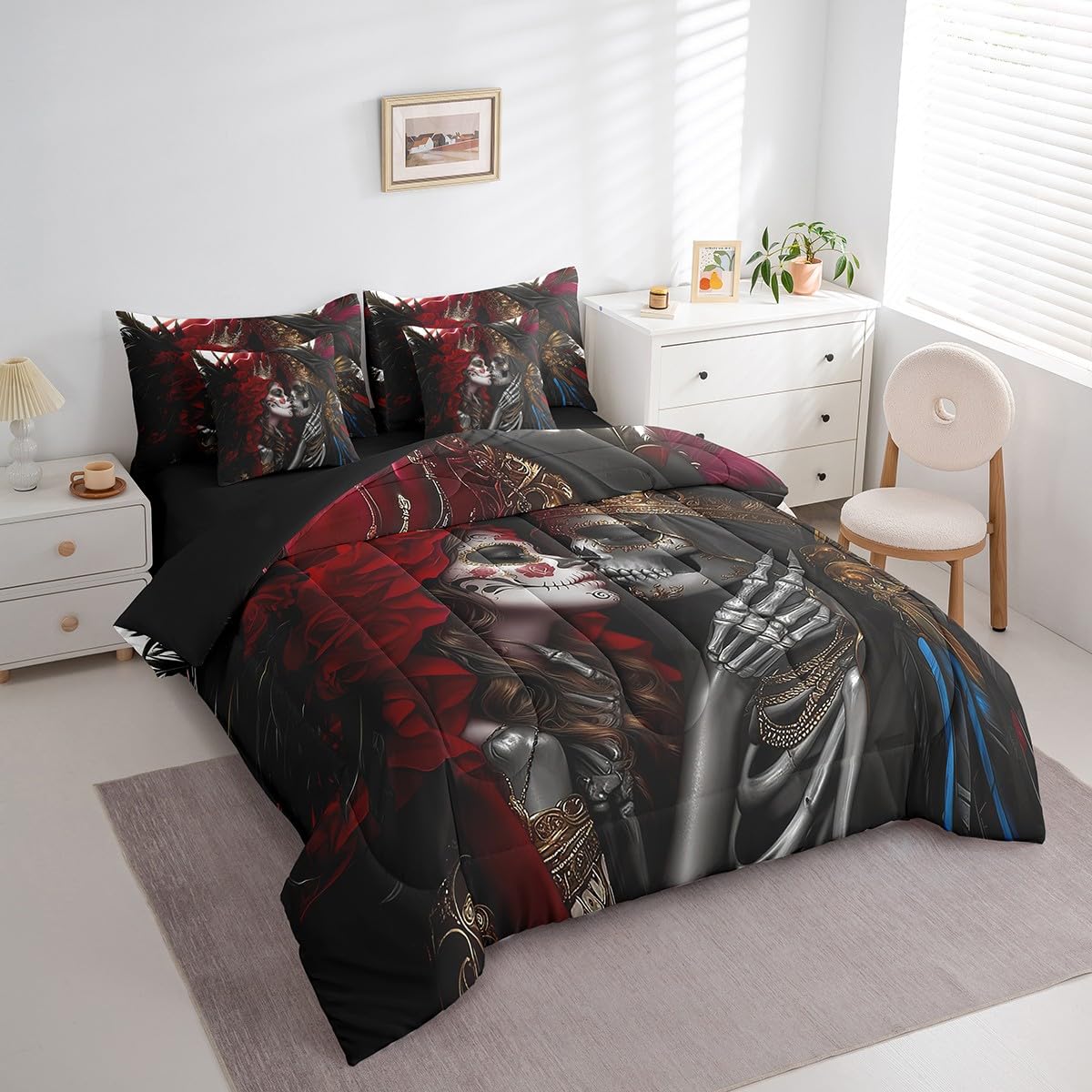 Erosebridal Gothic Skull Bedding Set King Size,Ethnic Tribes Love Comforter Set,Valentine's Day (Comforter+Fitted+Flat Sheet+2 Pillowcases+2 Throw Pillow Covers) 7 Pieces Rose Crown Couple Bed Set