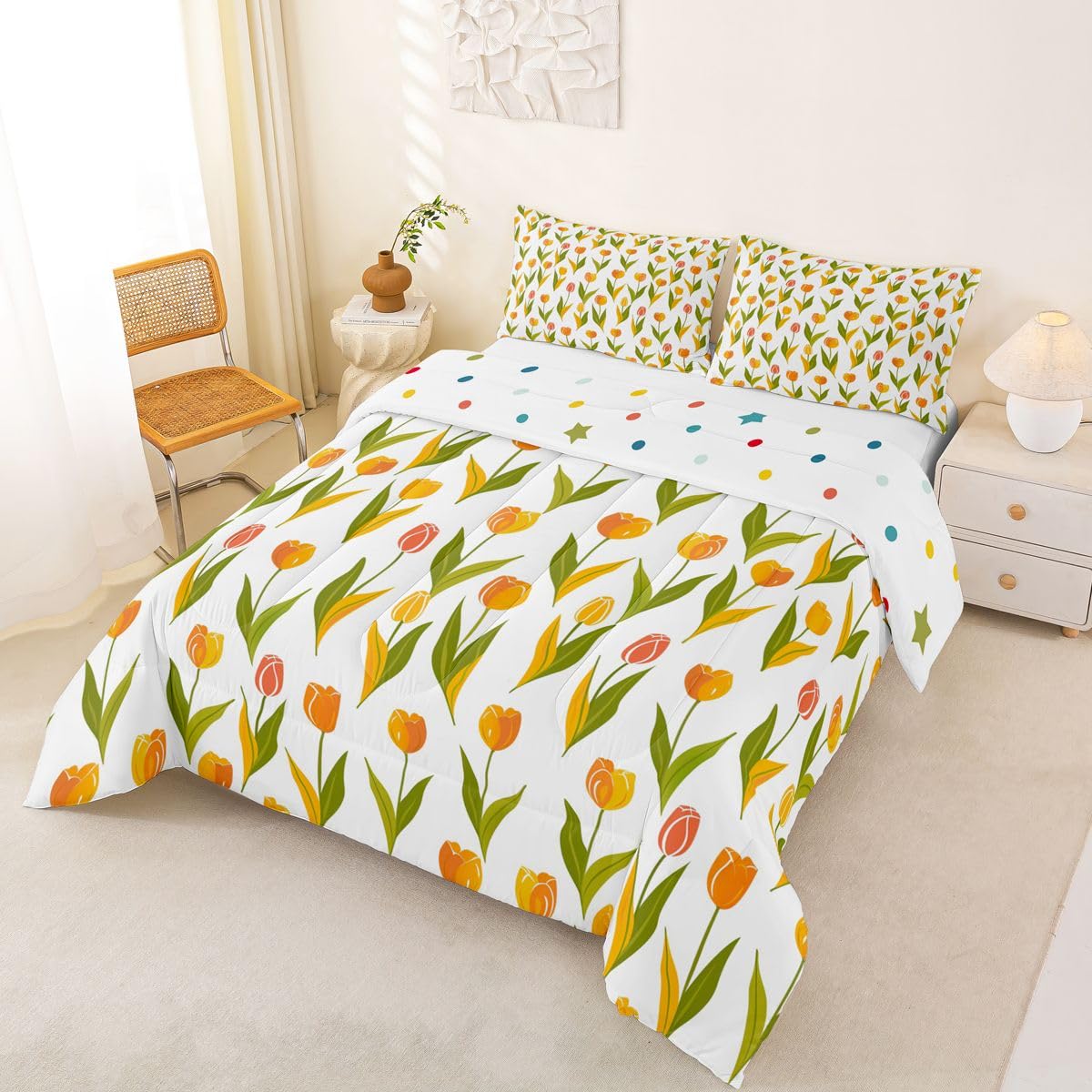 Feelyou Tulip Comforter Set Queen Size Cute Floral Bedding Set for Kids Boys Girls Cartoon Flower Duvet Quilt Plant Bedroom Decor Microfiber 3 Pcs with 2 Pillow Cases