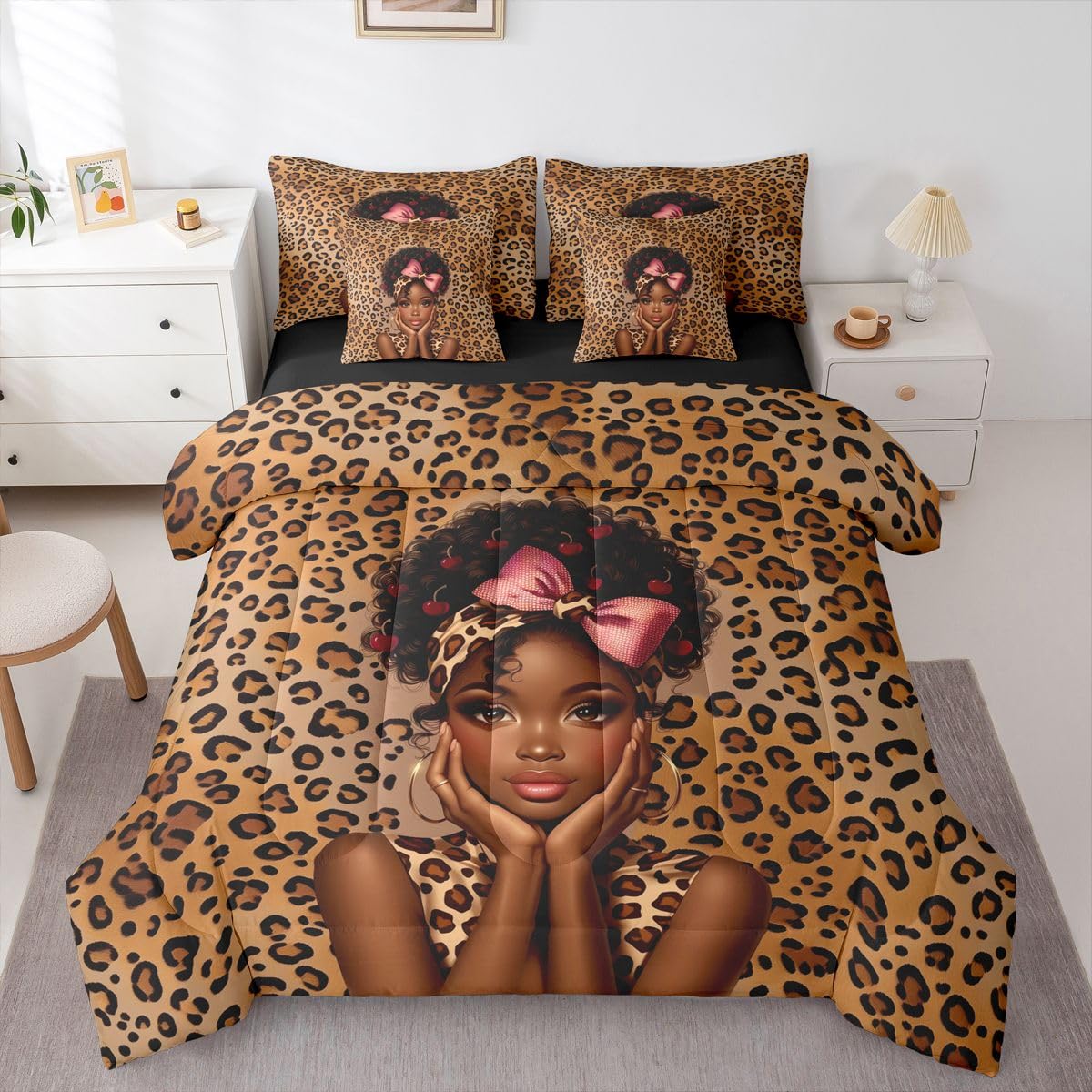Erosebridal Bowknot Black Girls Queen Bedding Set Aesthetic Leopard Print Comforter Set with Flat and Fitted Sheet Teen Woman Animal Print 7-Piece Bed in a Bag Cute Red Cherry Quilt Sets