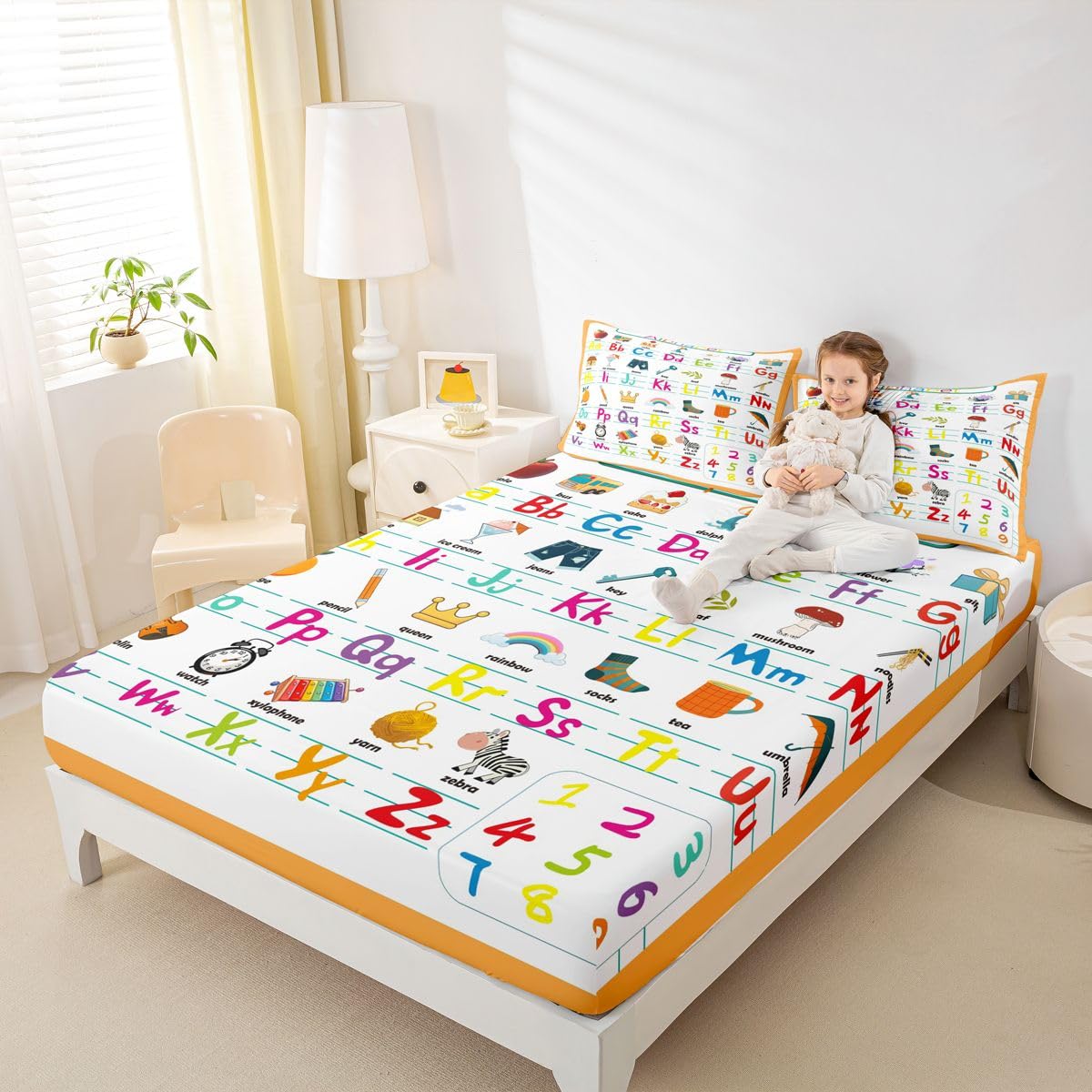 ABC Alphabet Bed Sheet Set Twin Size, Cute Educational Learning Tool Fitted Sheet for Kids Toddler Cartoon Animal Bedding Set Learning Educational Bed Cover Lightweight Bed Set (No Flat Sheet)