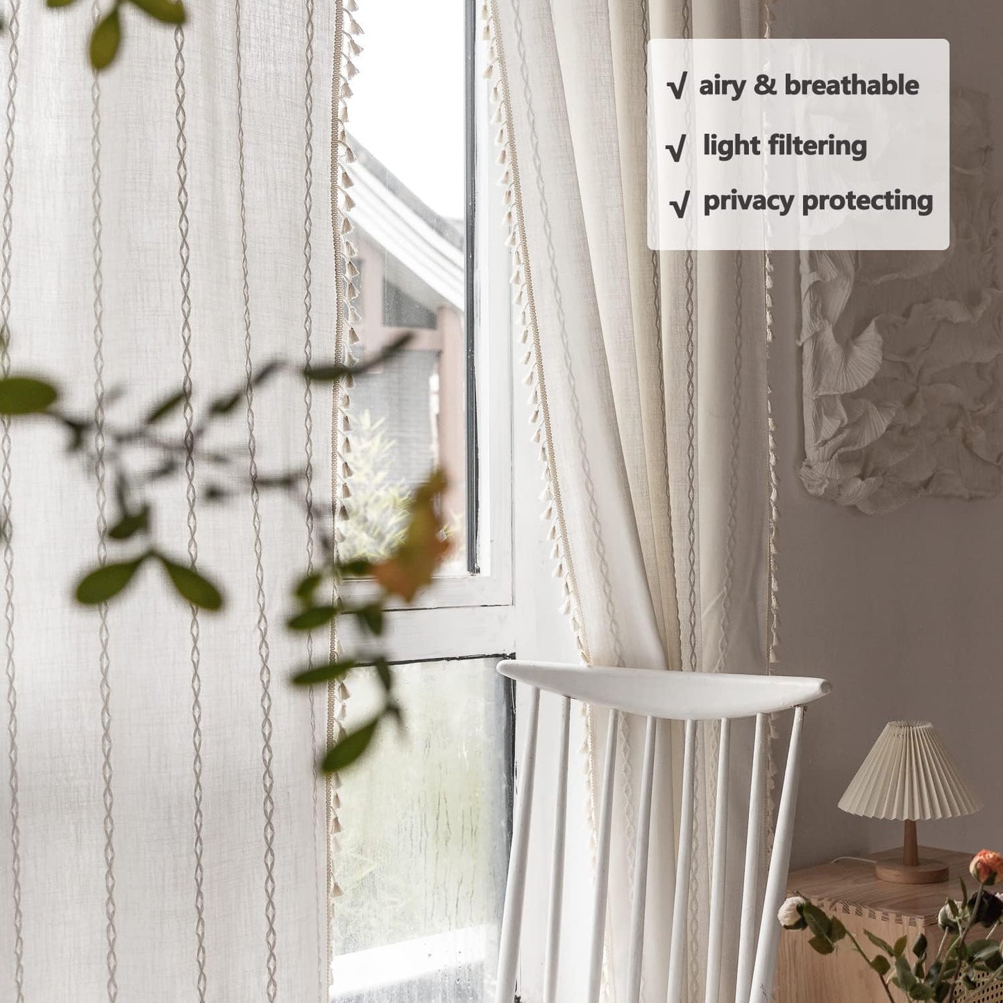 BCLBUSTE Boho Curtains Semi-Blackout 84 Inch 2 Panels for Living Room, Linen Tassels Farmhouse Curtains with Embroidery for Bedroom Rod Pocket Draperies 52" W x 84" L, Off White