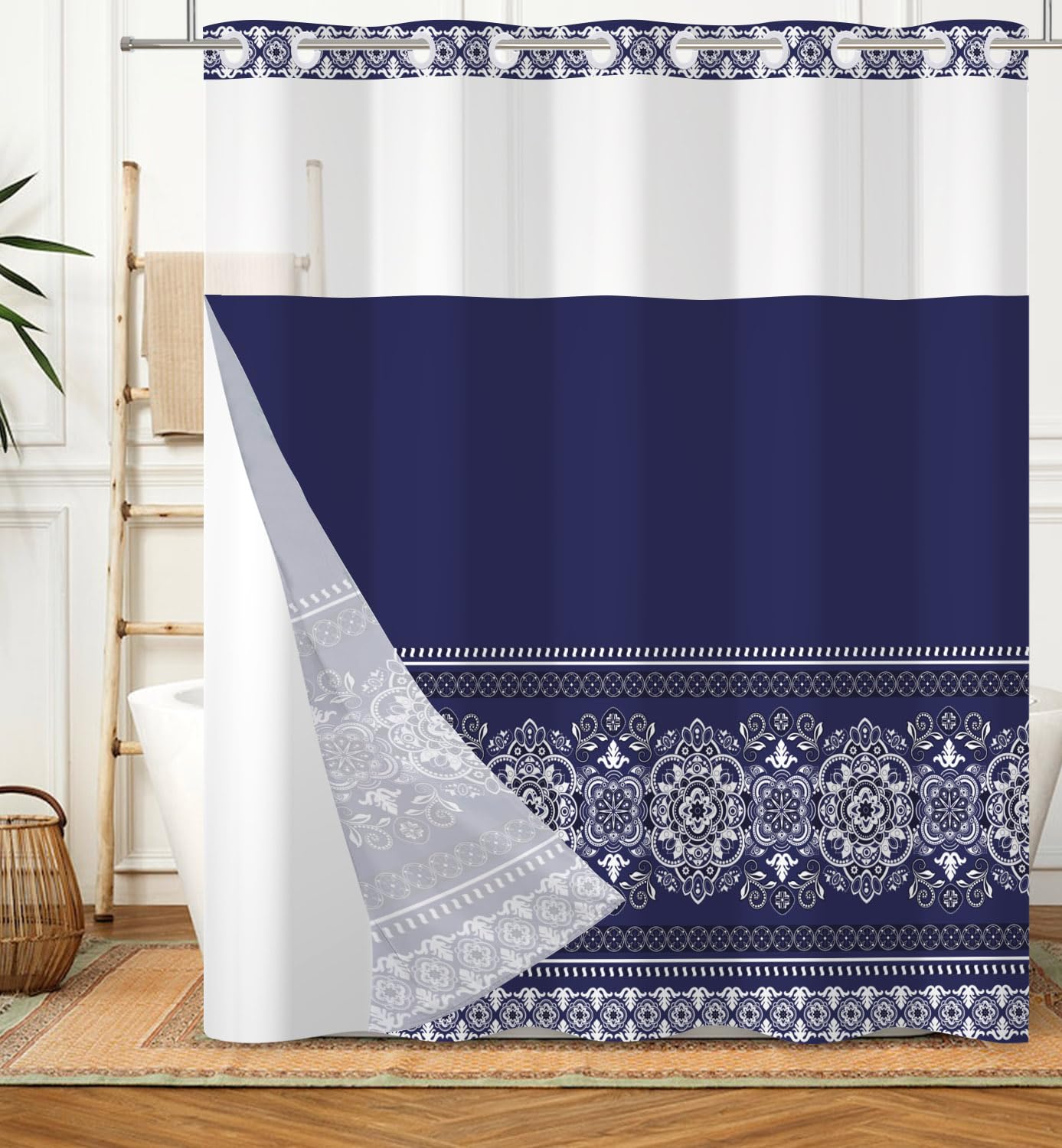 Baocicco No Hook Boho Pattern Shower Curtain Snap Liner Dark Blue Bohemian Striped Shower Curtains for Luxury Hotel Grade Spa-Like Bathroom Decor Minimalist Double-Layered Shower Curtain 71x74 Inch