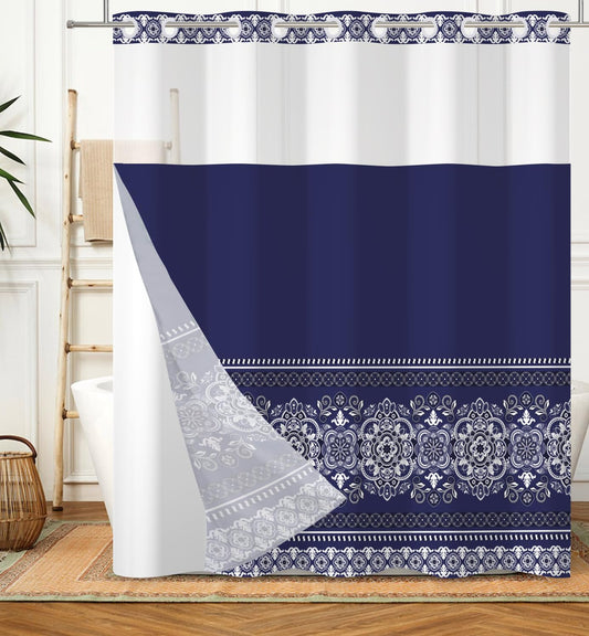 Baocicco No Hook Boho Pattern Shower Curtain Snap Liner Dark Blue Bohemian Striped Shower Curtains for Luxury Hotel Grade Spa-Like Bathroom Decor Minimalist Double-Layered Shower Curtain 71x74 Inch