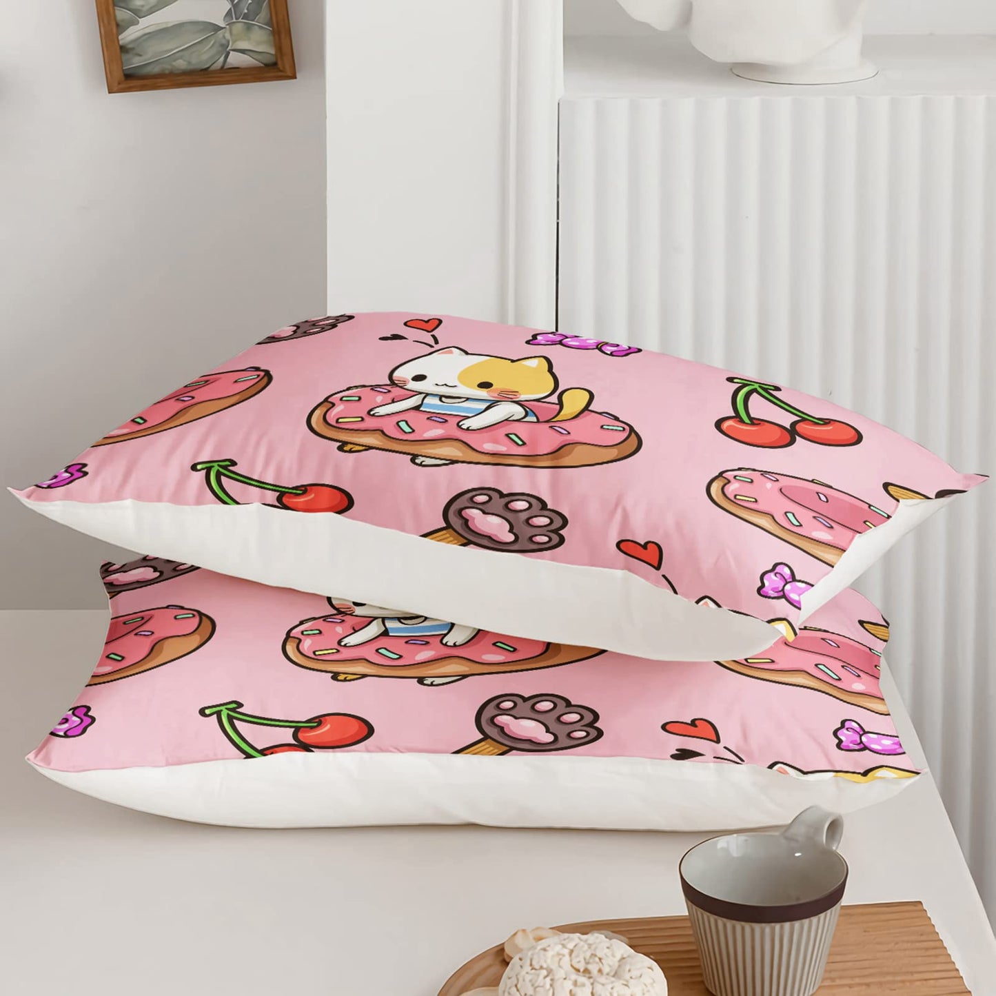 QOOMO Kawaii Cat Comforter Twin Size,Doughnut Cherry Cat Comforter Set for Kids Teens Girls,3Pcs Bedding Set Printed Comforter with 2 Pillowcases,Soft and Lightweight(Pink，Twin Size)