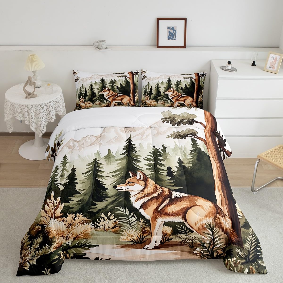 Wolf Bedding Set Full Size,Pine Tree Wild Animal Comforter Set for Kids Girls Boys Adults Room Decor,Jungle Woodland Botanical Duvet Insert 3Pcs,Wildlife Plant Microfiber Quilt Set,2 Pillowcases