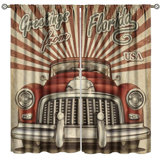 Vintage Car Decorative Curtains Window, Retro Rustic Cartoon Antique Red Old Truck Window Drapes, for Living Room Bedroom 21(W)*45(L) 2 Panels (Decorative)