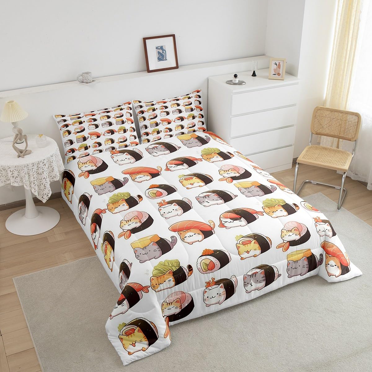 Erosebridal Kids Sushi Comforter Set Queen,Cute Sushi Cat Bedding Set Kawaii Gifts for Girls Teens Women,Japanese Food Quilt Bed Set Anime Style Bedding Comforter Sets with 2 Pillowcases Room Decor