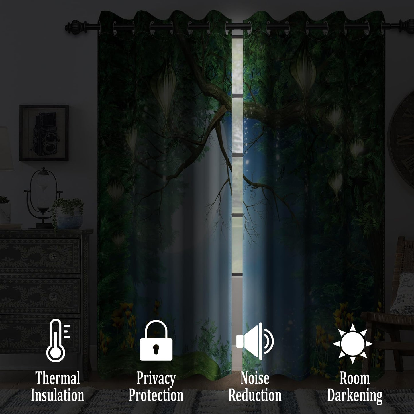 Renaiss Enchanted Forest Blackout Curtains for Bedroom Fairy Tales Magic Tree Full Moon Lanterns Window Curtain Wonderland Window Drapes for Living Room Darkening Curtains 2 Panels Set, 42x63 Inch