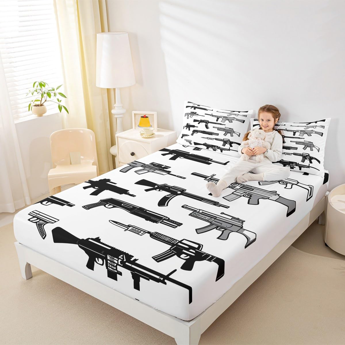 Feelyou Gun Bed Sheets Set Soft Deep Pocket Bedding Queen Size Includes 1 Fitted Sheet & 2 Pillowcases (No Flat Sheet)