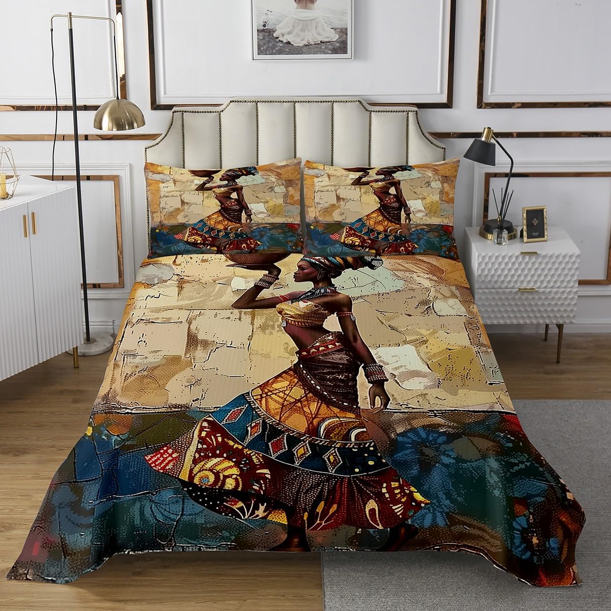 Homewish African Woman Bedding Sets King Size,Retro Graffiti Art Bedspread 3Pcs for Kids Girls Boys Adult Room Decor,Traditional Africa Quilt Comforter American Style Coverlet,2 Pillowcases