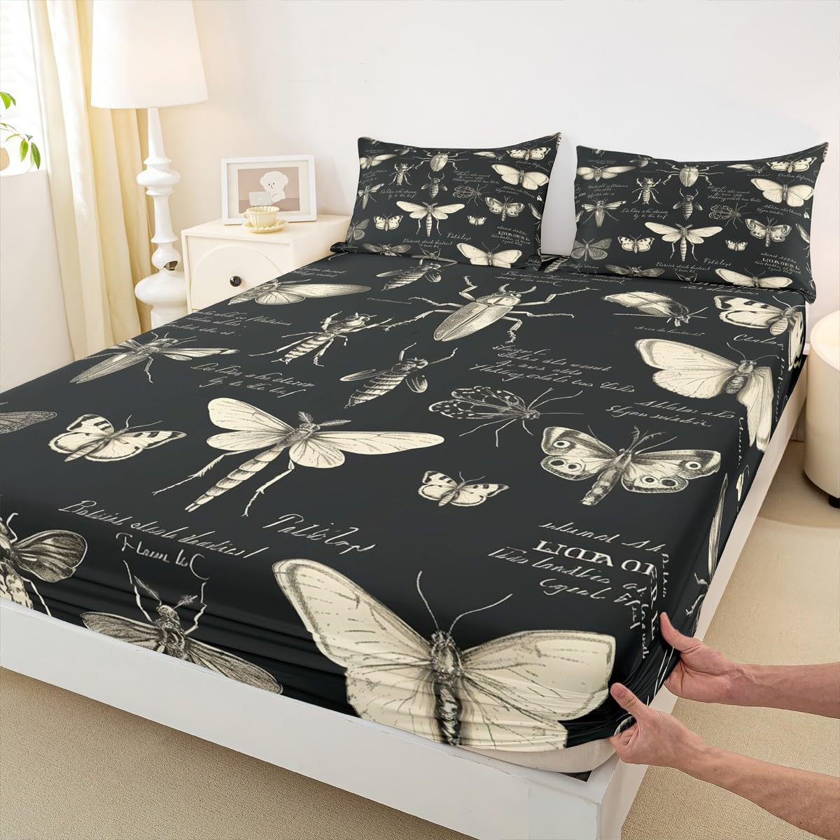 Butterfly Moth Insects Fitted Sheet Full Size,Bug Beetles Entomological Bed Sheet for Kids Boys Teens Men Bedroom Decor,Nature Animal Bedding Set Retro Black Brown Deep Pocket Sheet,2 Pillowcases
