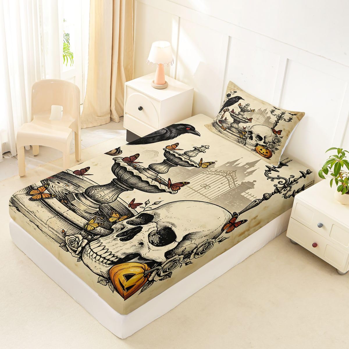 Erosebridal Gothic Skull Bed Sheets Twin Size Vintage Raven Butterfly Sheet Set Teens Adults Distressed Rose Fall Pumpkin Bedding Set Spooky Halloween Sheets