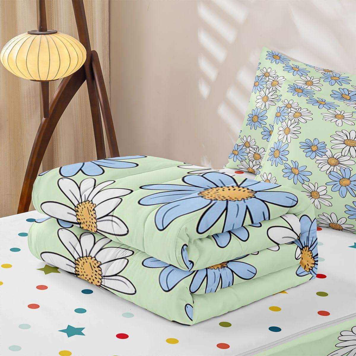 Feelyou Cute Floral Zipper Bedding Queen Cartoon Green Daisy Flower Bedding Sets for Kids Boys Girls Botanical Aesthetic Comforter Set with Fitted Sheet 2 Pillowcases One Zipper Bed Set